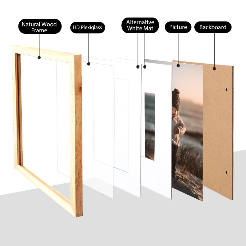 KINLINK 11x14 Picture Frames Natural Wood Frames with Acrylic Plexiglass for Pictures 5x7/8x10 with Mat or 11x14 without Mat, Tabletop and Wall Mounting Display, Set of 4 - Image 3